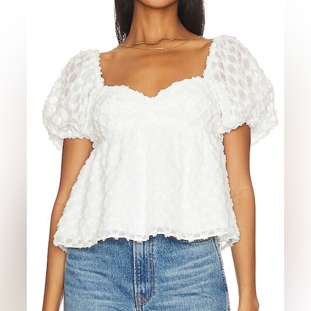 Amanda Uprichard Tomasina Puff Sleeve Babydoll Top in textured White Cirrus Sz S